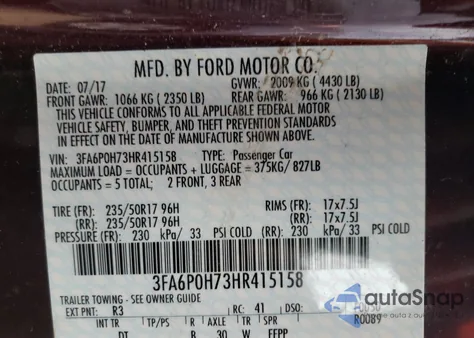 2017 Ford Fusion Se from USA, damaged, VIN 3FA6P0H73HR415158